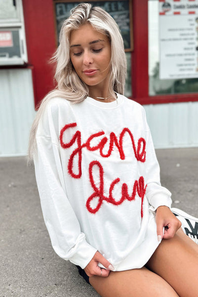 White Game Day Sweatshirt with Red Tinsel Lettering - Sports Mom - Basketball - Baseball - Football - Sports