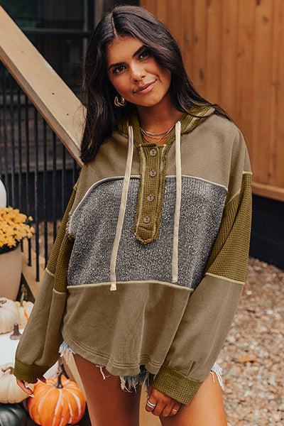 Mixed Material Green Hoodie Pullover - Colorblock