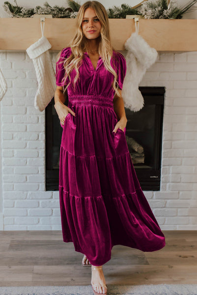 Deep Rose Pink V-neck Velvet Maxi Dress with Smocked Waist