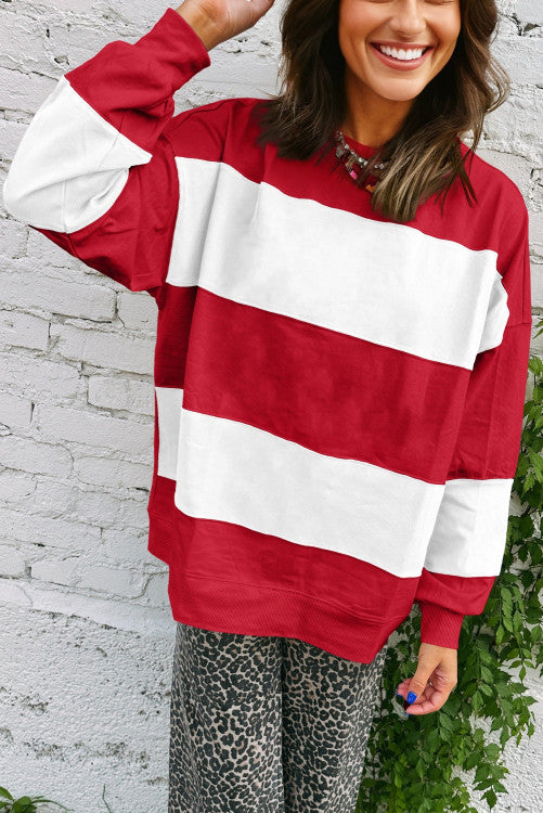 Red Colorblocked Drop Shoulder Sweatshirt Pullover - Striped