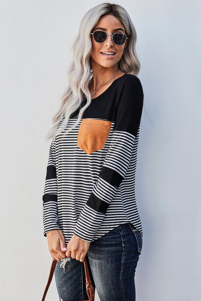 Black Striped Color Block Long Sleeve Top with Pocket