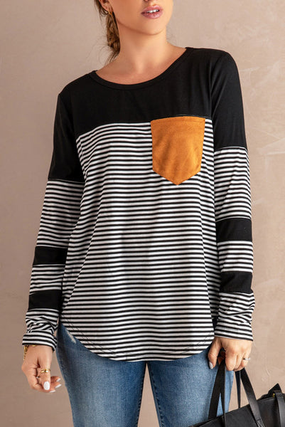 Black Striped Color Block Long Sleeve Top with Pocket