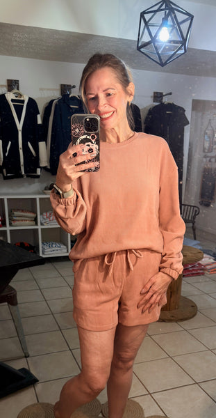 Mauve Ribbed Long Sleeve Top and Shorts Lounge Set