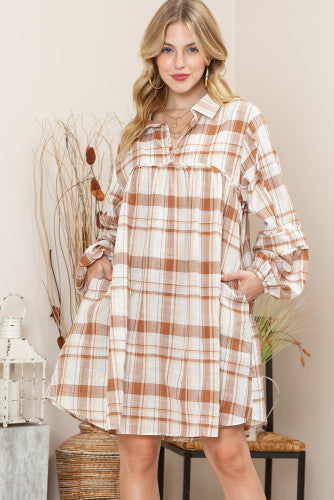 Brown Plaid Collared Long Sleeve Dress with Pockets