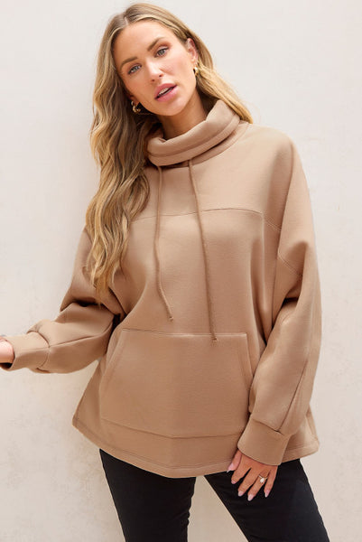 Khaki Cowl Neck Loose Fitting Pullover