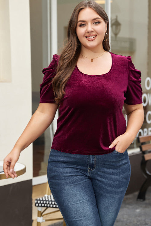 Curvy Burgundy Short Sleeve Velvet Top