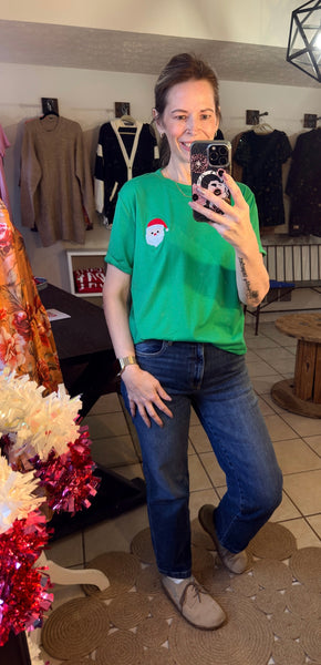 Green Tee with Embroidered Santa Pocket Design