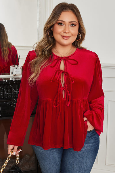 Curvy Red Velvet Tie Front Long Sleeve Peplum Top