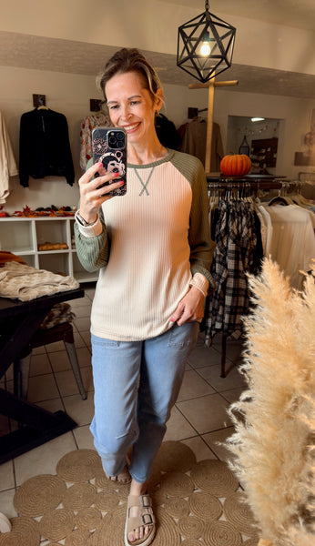 Beige and Green Colorblock Long Sleeve Top