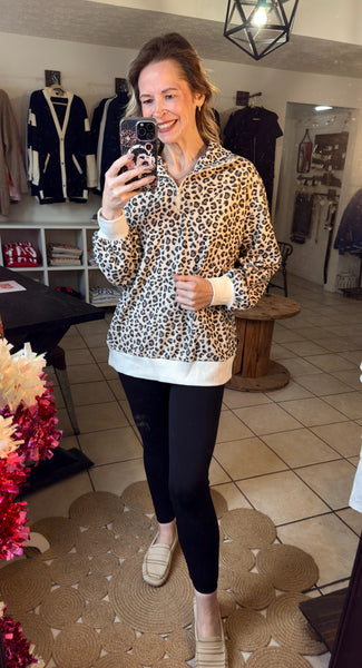 Leopard Print Corduroy Quarter Zip Pullover