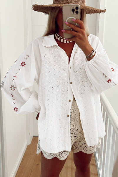 Eyelet Lace Top with Embroidered Sleeves