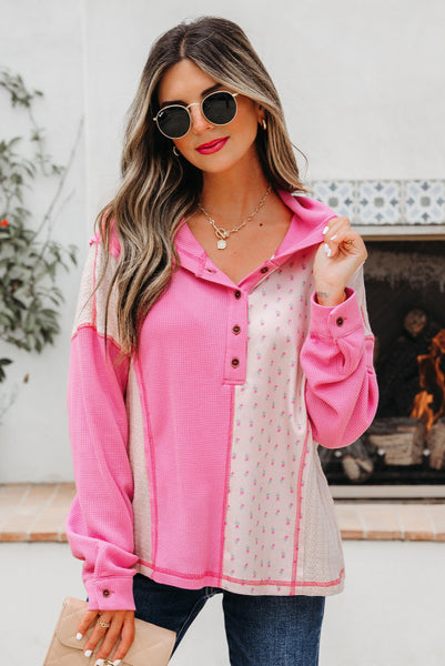 Mixed Texture Pink Floral Contrast Patchwork Colorblock Hooded Pullover