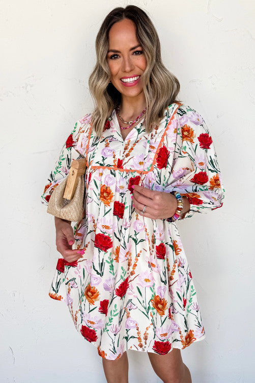Floral 3/4 Puff Sleeve Dress with Ric Rac Trim