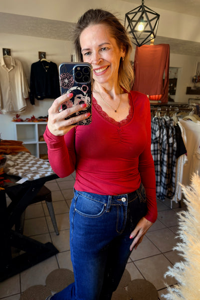 Red Dahlia Fitted Long Sleeve V-Neck Top with Lace Trim