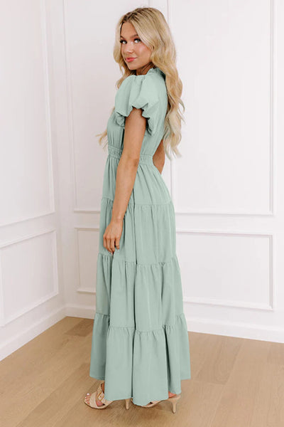 Sage Green V-Neck Puff Short Sleeve Maxi Dress with Pockets