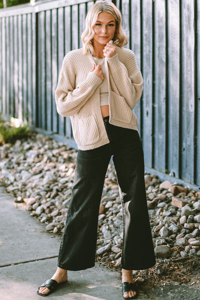 Khaki Sweater Knit Cardigan with Front Pockets