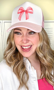 Pink and White Bow Trucker Hat - Coquette