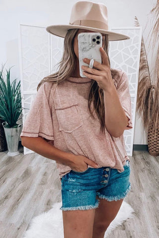 Blush Contrast Stitch Top with Raw Edging