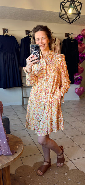 Yellow Floral Long Sleeve Collared Flowy Dress