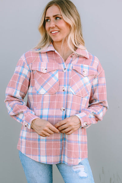 Pink Plaid Button Up Shacket with Flap Pockets and Slant Pockets