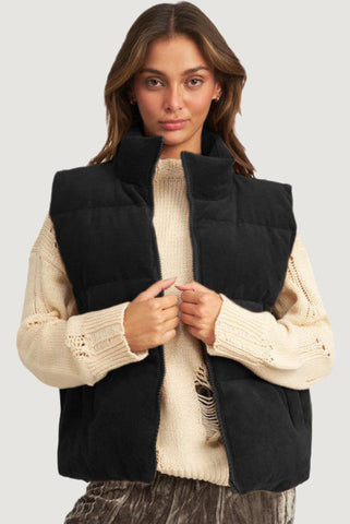 Black Corduroy Zip Up Puffer Vest