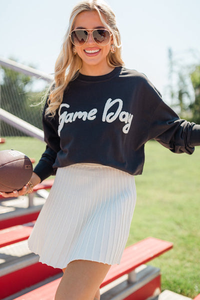 Black with White Chenille Game Day Graphic Sweatshirt Pullover - Sports Mom