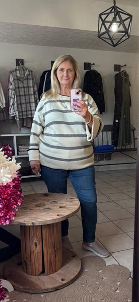 Curvy Black and Off White Striped Dress Wide Sleeve Sweater