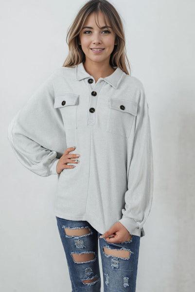 Light Gray Oversized Collared Henley Pullover with Flap Pockets