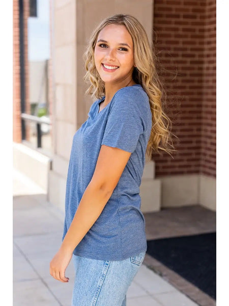 Basic Heathered Blue Short Sleeve V-neck Tee