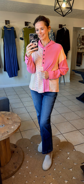 Mixed Texture Pink Floral Contrast Patchwork Colorblock Hooded Pullover