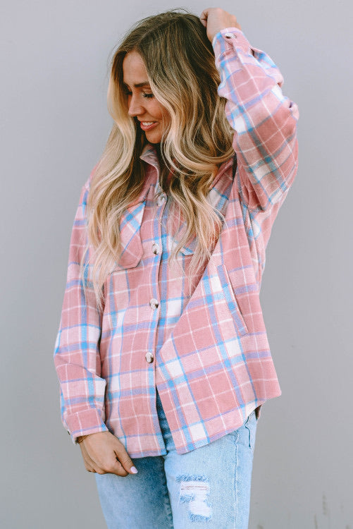 Pink Plaid Button Up Shacket with Flap Pockets and Slant Pockets