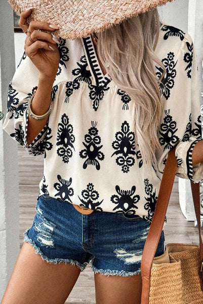 Vintage Print V-neck Top