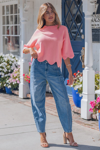 Pink Scalloped Edge Half Sleeve Spring Sweater