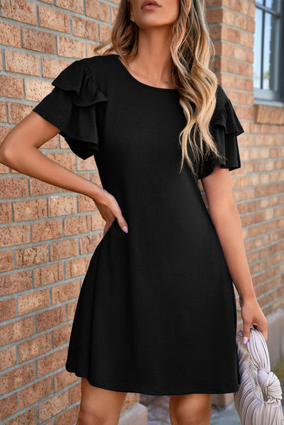 Black Ruffle Sleeve Dress with Pockets