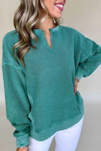 Teal Drop Shoulder Pullover with Notch V-neck