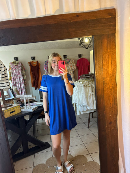 Blue and White Varsity Ringer Short Sleeve T-shirt Dress