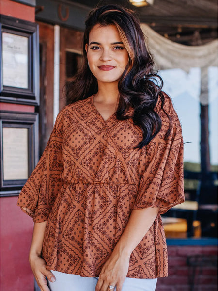 Brown Flutter Half Sleeve Peplum Top with Lacey Print