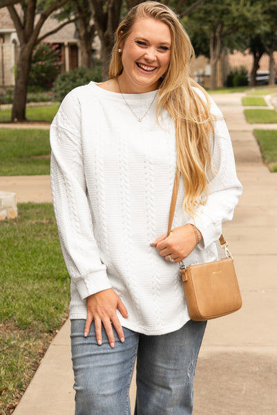 Curvy White Long Sleeve Cable Knit Textured Top