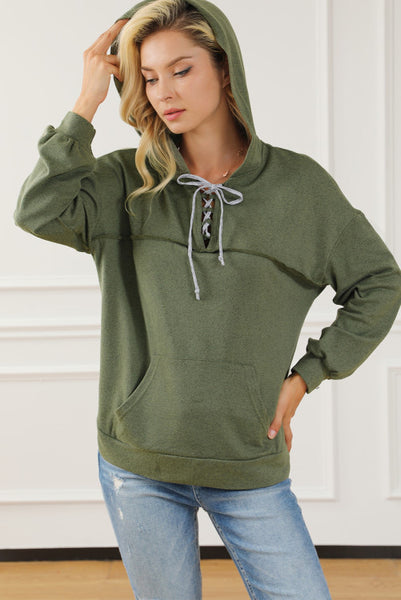 Green Lace Up Neck Hooded Pullover with Kangaroo Pocket