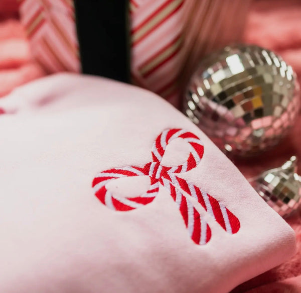 Pink Sweatshirt with Embroidered Candy Cane Striped Bow Pocket Design