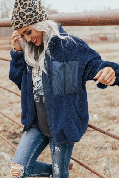 Dark Blue Fuzzy Sherpa Zip Up Jacket with Chest Pocket