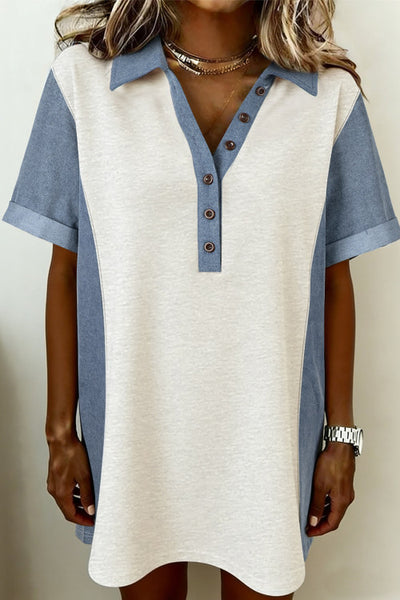 Light Gray and Denim Colorblock Patchwork Shirt Dress