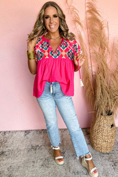 Flowy Rose Pink Top with Geometric Embroidered Neckline - Aztec