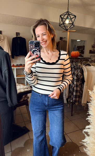 Black and White Striped Long Sleeve Ribbed Top with Scalloped Neckline Trim