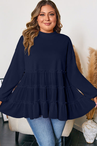 Curvy Flowy Navy Blue Ruffle Tiered Babydoll Top