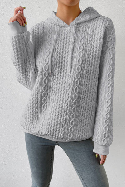 Gray Cable Knit Textured Hoodie Pullover