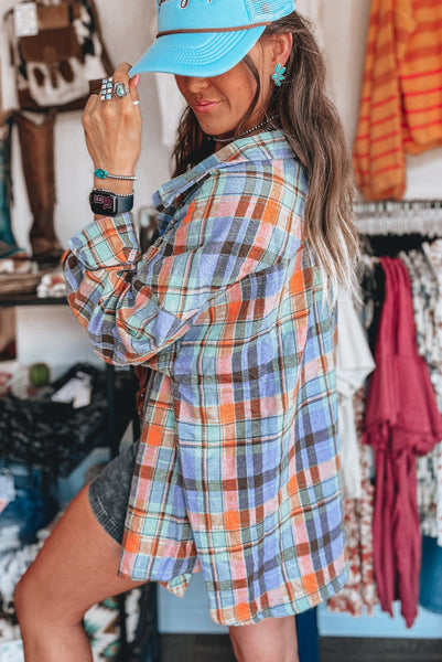 Light Blue Button Up Plaid Flannel Top