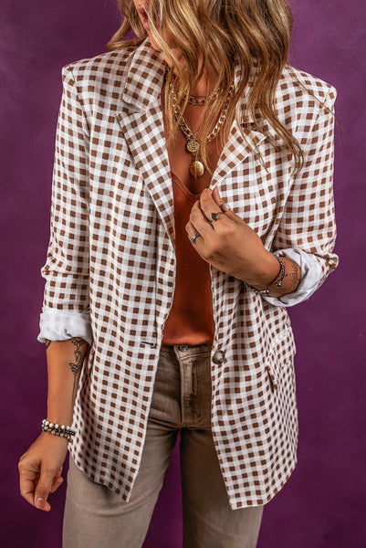 Chestnut Brown Check Print Single Button Blazer