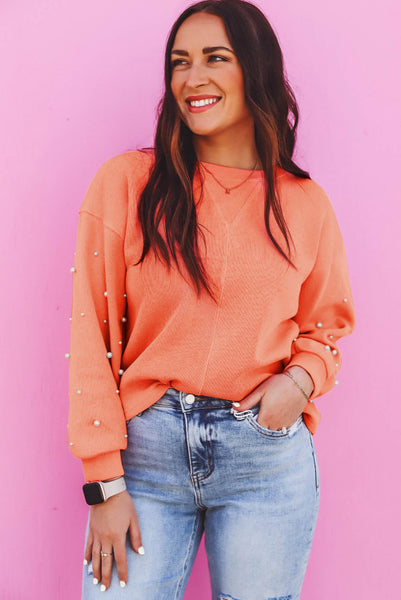 Creamsicle Orange Super Soft Ribbed Top with Pearl Embellished Sleeves