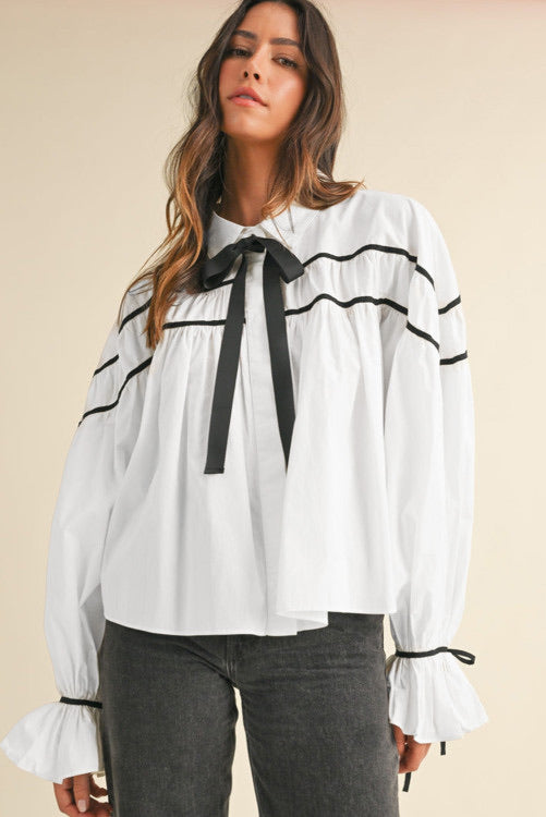 White Long Sleeve Flowy Top with Black Piping and Bow Tie